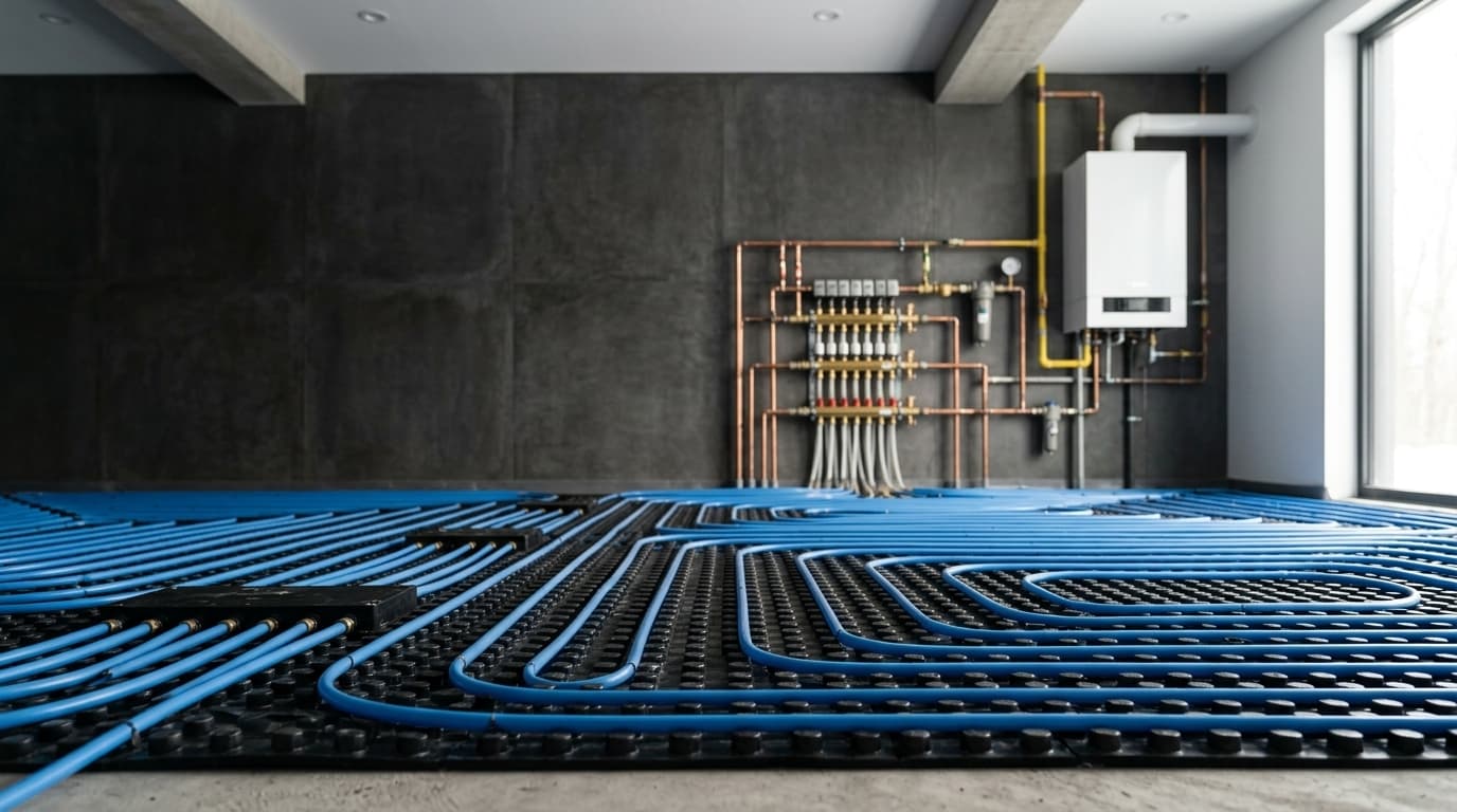 Système de chauffage radiant hydronique avec tubes PEX, collecteur en cuivre et chaudière murale