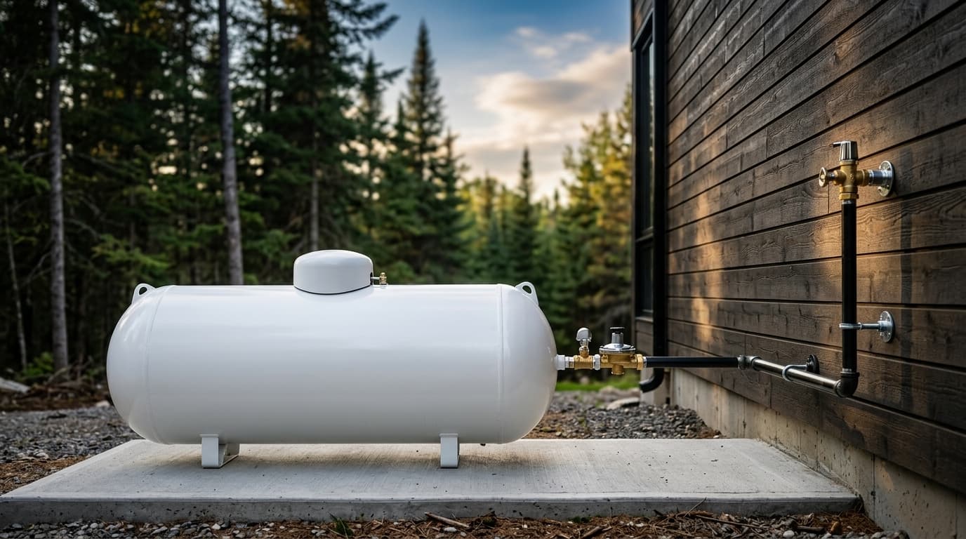 Réservoir de propane et régulateur raccordés à un chalet en bois entouré de conifères
